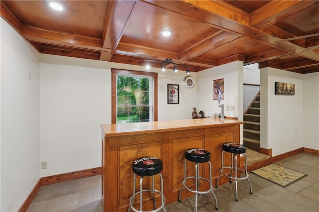 1125 Annisville Rd, Washington Twp But, PA 16050 - indoor bar featuring stairs, baseboards, recessed lighting, coffered ceiling, and beamed ceiling