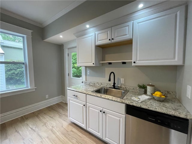 23 Columbia Park, Hempfield Twp Mer, PA 16125 - kitchen with dishwasher, a sink, crown molding, baseboards, and white cabinetry