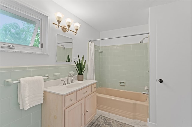 1527 W Ingomar Rd, Franklin Park, PA 15237 - full bathroom featuring vanity, shower / tub combo with curtain, tile walls, and a chandelier