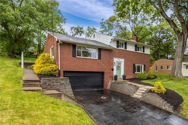 6032 Dalmation Dr, Bethel Park, PA 15102 - view of front of property with driveway, a garage, brick siding, and a chimney