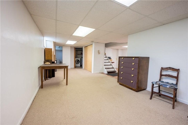 127 Burns Ave, Chippewa Twp, PA 15010 - finished below grade area with carpet floors, washer / clothes dryer, a drop ceiling, stairway, and baseboards