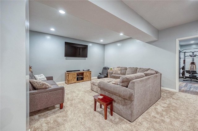 1517 Lombard Cir, South Strabane, PA 15301 - living area featuring light carpet, recessed lighting, and baseboards