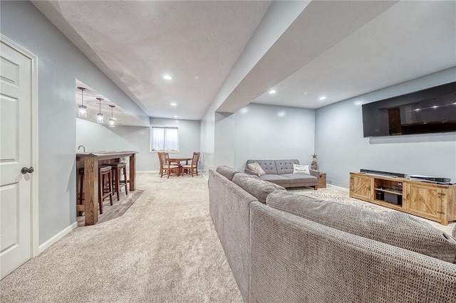 1517 Lombard Cir, South Strabane, PA 15301 - living room with wet bar, carpet flooring, recessed lighting, and baseboards