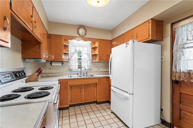 146 Samuel St, Chippewa Twp, PA 15010 - kitchen featuring white appliances, a sink, open shelves, light countertops, and light tile patterned floors