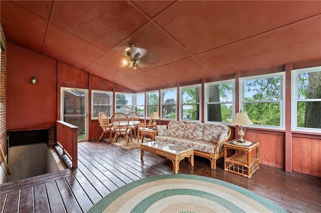 146 Samuel St, Chippewa Twp, PA 15010 - sunroom / solarium featuring plenty of natural light, a wooden deck, wood-type flooring, lofted ceiling, and wooden walls