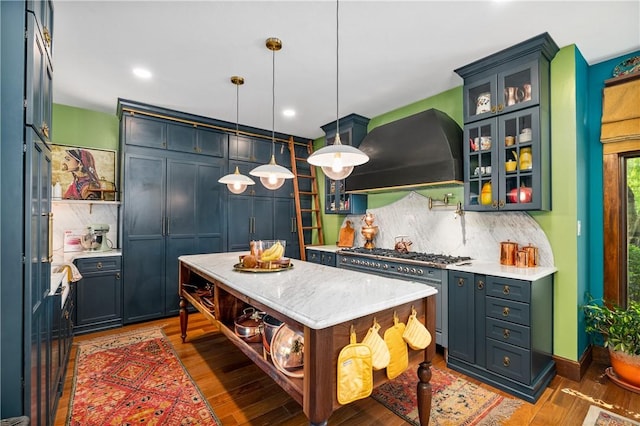 311 Derry Ridge Rd, Ligonier Twp, PA 15658 - kitchen featuring custom exhaust hood, stainless steel stove, open shelves, light wood-style floors, and backsplash