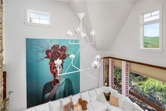 311 Derry Ridge Rd, Ligonier Twp, PA 15658 - living area with a chandelier and lofted ceiling