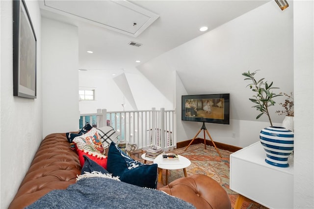 311 Derry Ridge Rd, Ligonier Twp, PA 15658 - living area featuring attic access, vaulted ceiling, and recessed lighting