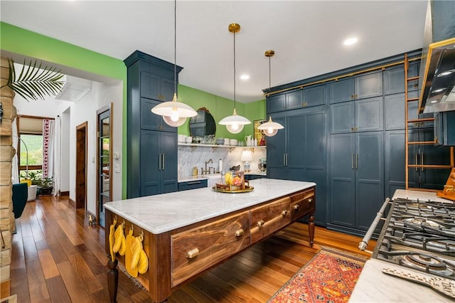 311 Derry Ridge Rd, Ligonier Twp, PA 15658 - kitchen featuring open shelves, decorative backsplash, wood-type flooring, light stone countertops, and decorative light fixtures