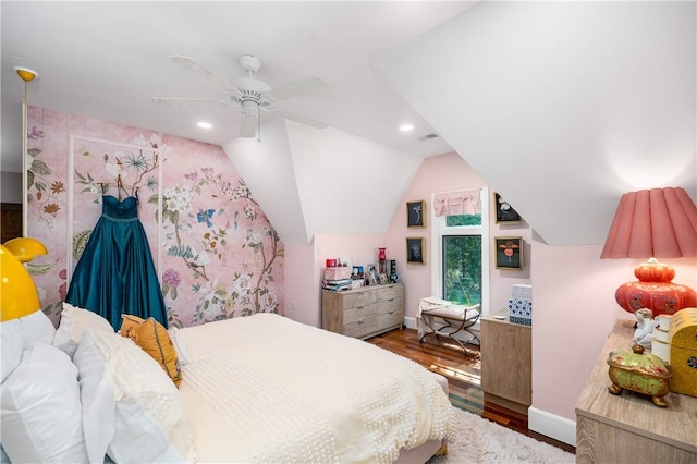 311 Derry Ridge Rd, Ligonier Twp, PA 15658 - bedroom with wood finished floors, ceiling fan, vaulted ceiling, and baseboards