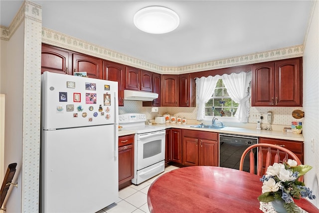 1467 Meteor Cir, Upper St Clair, PA 15241 - kitchen with white appliances, under cabinet range hood, a sink, tasteful backsplash, and reddish brown cabinets