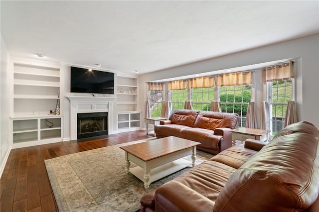 407 Pine Trees Dr, Scott Twp Sal, PA 15106 - living room with hardwood / wood-style flooring, plenty of natural light, a fireplace with flush hearth, and built in features