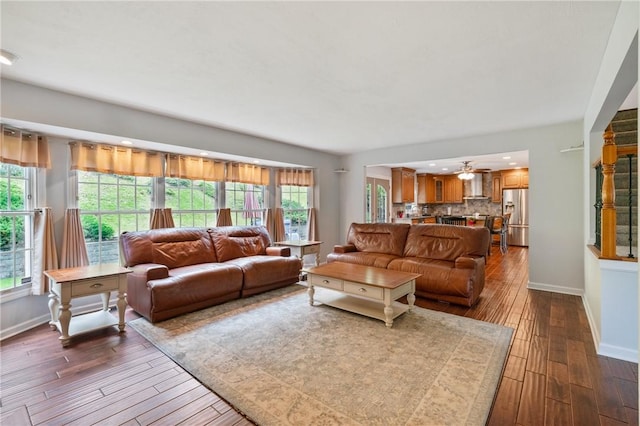 407 Pine Trees Dr, Scott Twp Sal, PA 15106 - living room featuring dark wood finished floors, baseboards, a ceiling fan, and recessed lighting