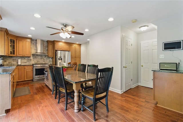 407 Pine Trees Dr, Scott Twp Sal, PA 15106 - dining space featuring dark wood-type flooring, a ceiling fan, recessed lighting, and baseboards