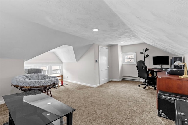 1241 Arkansas Ave, Dormont, PA 15216 - office featuring baseboard heating, light carpet, lofted ceiling, and baseboards