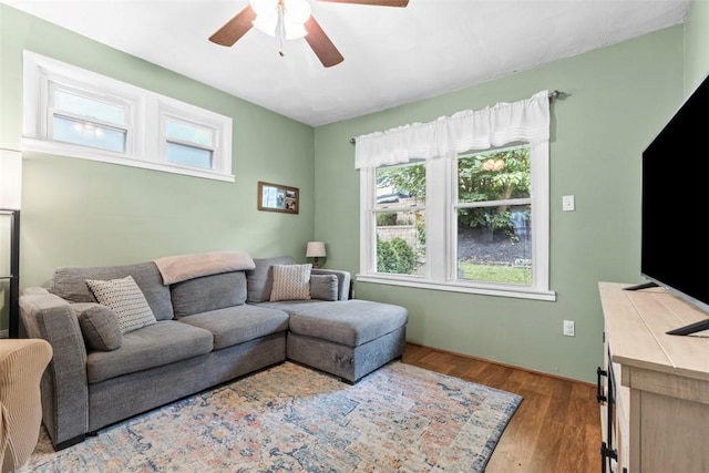 1241 Arkansas Ave, Dormont, PA 15216 - living room with healthy amount of natural light, a ceiling fan, and wood finished floors