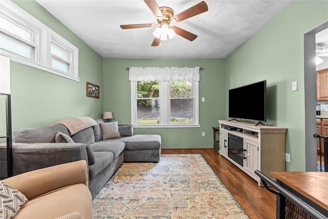 1241 Arkansas Ave, Dormont, PA 15216 - living room featuring ceiling fan and dark wood-style flooring