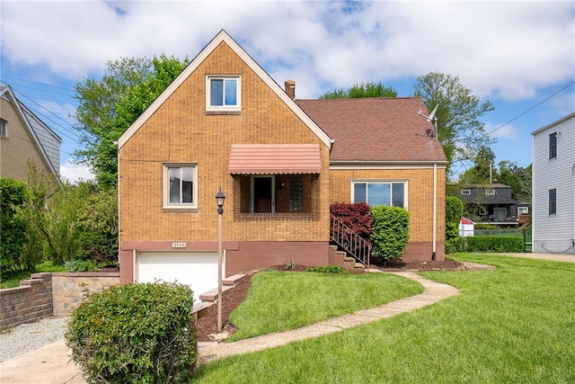 2140 Carolina Ave, West Mifflin, PA 15122 - view of front of property with a garage, a front yard, a chimney, and brick siding