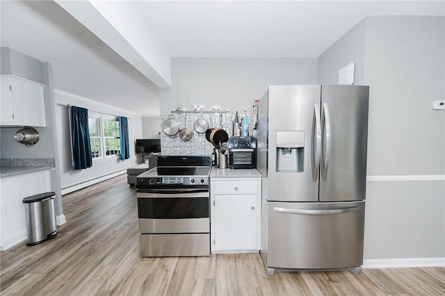 3 Coates Ln, White Twp Ind, PA 15701 - kitchen with appliances with stainless steel finishes, a baseboard radiator, light wood-style floors, and white cabinets