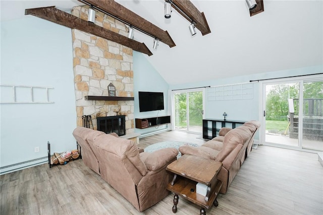 3 Coates Ln, White Twp Ind, PA 15701 - living area with light wood-style floors, beamed ceiling, a stone fireplace, high vaulted ceiling, and baseboard heating
