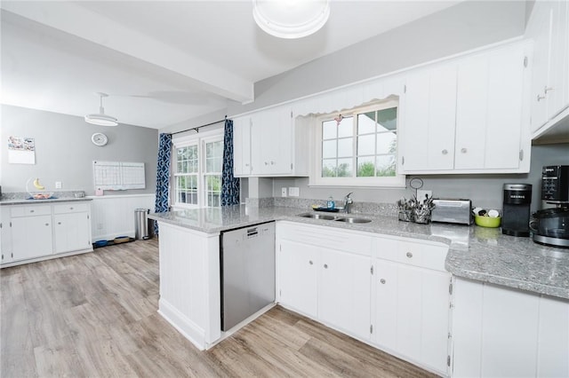 3 Coates Ln, White Twp Ind, PA 15701 - kitchen with a sink, dishwasher, a peninsula, beamed ceiling, and light wood-style floors