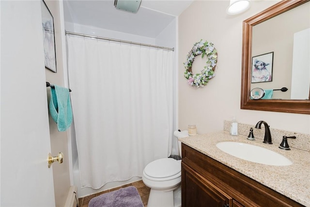 3 Coates Ln, White Twp Ind, PA 15701 - bathroom with vanity, toilet, a baseboard radiator, shower / bath combo, and tile patterned floors