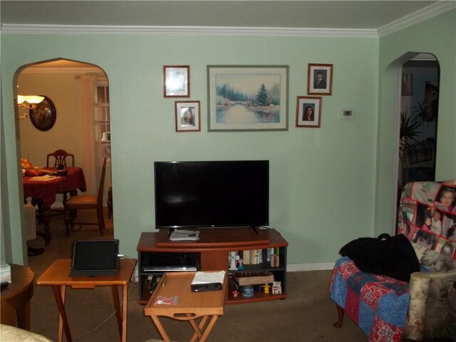 109 Mason Dr, Shaler, PA 15116 - living area with arched walkways, crown molding, carpet flooring, and baseboards