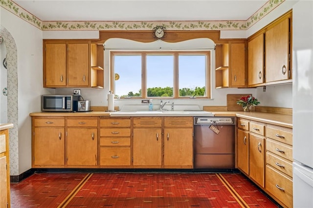 621 Kimlyn Ave, North Huntingdon, PA 15642 - kitchen featuring dishwasher, open shelves, stainless steel microwave, and brick patterned flooring