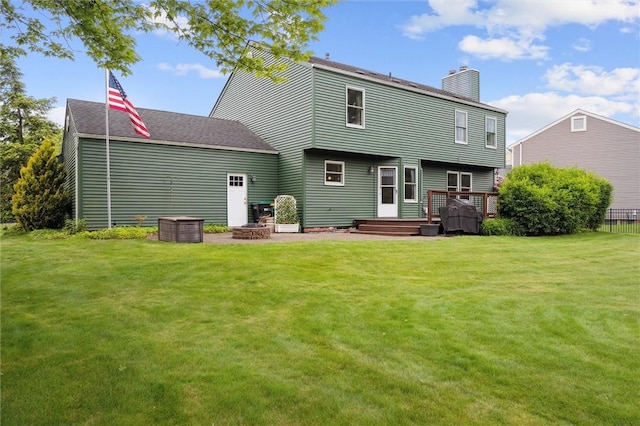 5020 Meadow Crest Dr, Hampton, PA 15101 - rear view of house with a chimney, a yard, a wooden deck, and central AC