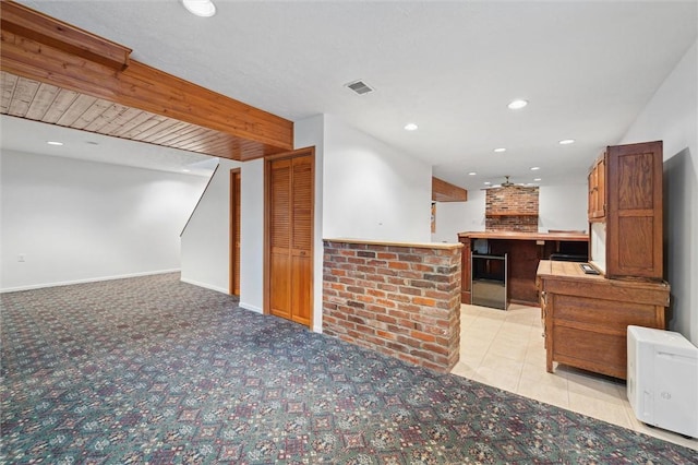 5020 Meadow Crest Dr, Hampton, PA 15101 - unfurnished living room featuring recessed lighting, light colored carpet, baseboards, and beam ceiling