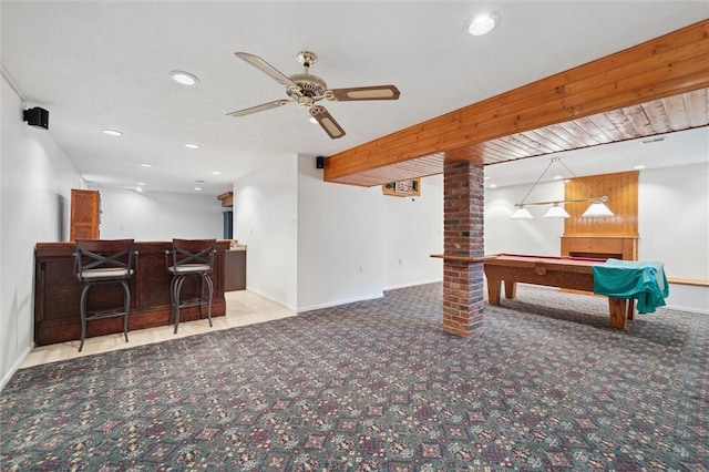 5020 Meadow Crest Dr, Hampton, PA 15101 - playroom featuring decorative columns, a dry bar, baseboards, a ceiling fan, and pool table