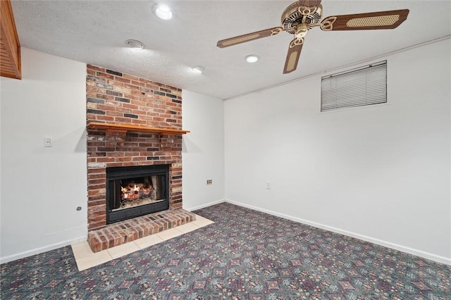 5020 Meadow Crest Dr, Hampton, PA 15101 - unfurnished living room featuring a brick fireplace, carpet flooring, ceiling fan, recessed lighting, and baseboards
