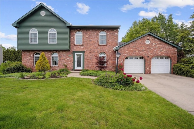 5020 Meadow Crest Dr, Hampton, PA 15101 - colonial home with driveway, a garage, a front lawn, and brick siding