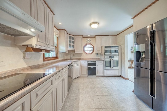 117 Glenfield Dr, Brighton Twp, PA 15009 - kitchen featuring stainless steel appliances, ventilation hood, a sink, glass insert cabinets, and light tile patterned floors