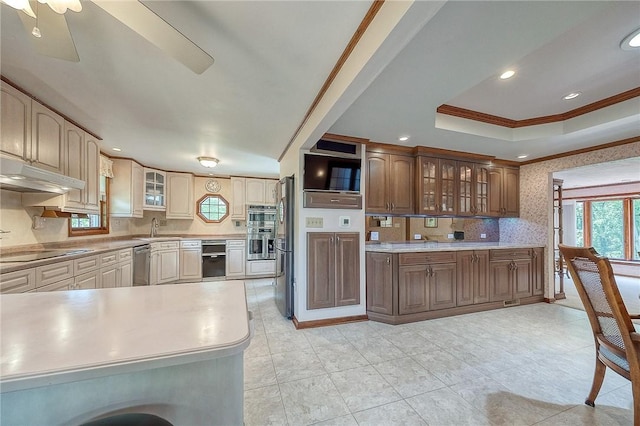 117 Glenfield Dr, Brighton Twp, PA 15009 - kitchen with stainless steel dishwasher, a sink, under cabinet range hood, a raised ceiling, and crown molding