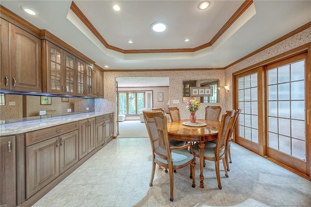 117 Glenfield Dr, Brighton Twp, PA 15009 - dining space with ornamental molding, a raised ceiling, wallpapered walls, and recessed lighting