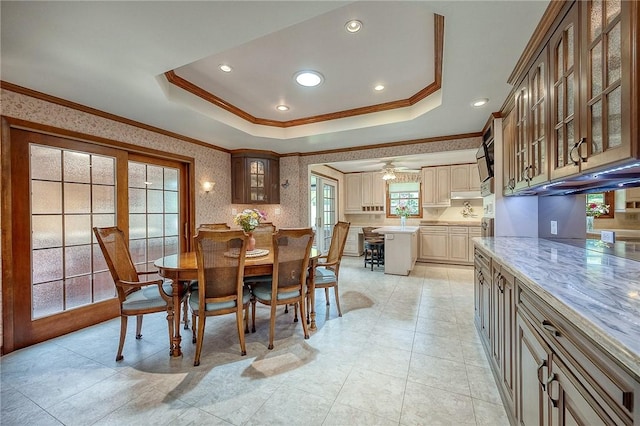 117 Glenfield Dr, Brighton Twp, PA 15009 - dining room with ornamental molding, a raised ceiling, wallpapered walls, and recessed lighting
