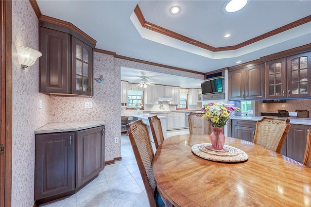 117 Glenfield Dr, Brighton Twp, PA 15009 - dining space featuring a ceiling fan, crown molding, wallpapered walls, light tile patterned flooring, and recessed lighting