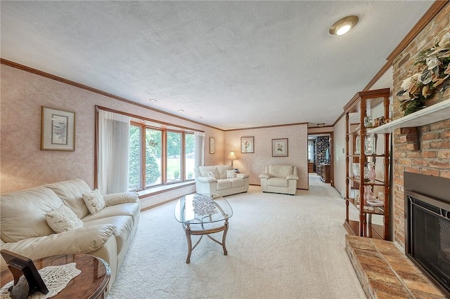 117 Glenfield Dr, Brighton Twp, PA 15009 - living room with ornamental molding, carpet floors, a brick fireplace, and a textured ceiling