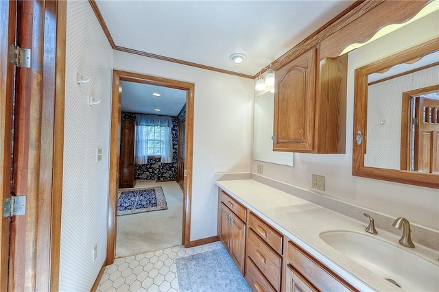 117 Glenfield Dr, Brighton Twp, PA 15009 - bathroom with vanity, ornamental molding, tile patterned floors, and baseboards