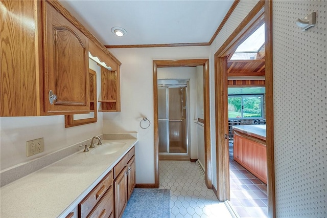 117 Glenfield Dr, Brighton Twp, PA 15009 - bathroom featuring vanity, a shower stall, baseboards, and crown molding