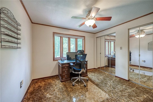 117 Glenfield Dr, Brighton Twp, PA 15009 - carpeted office space with ceiling fan, crown molding, a textured ceiling, and baseboards