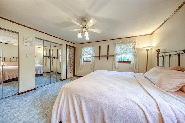 117 Glenfield Dr, Brighton Twp, PA 15009 - carpeted bedroom featuring two closets, ornamental molding, ceiling fan, and baseboards