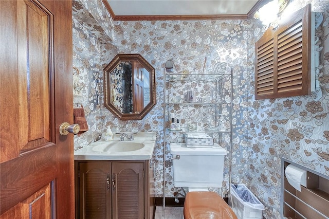 117 Glenfield Dr, Brighton Twp, PA 15009 - bathroom featuring wallpapered walls, toilet, vanity, and ornamental molding