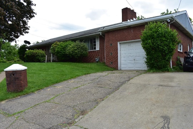 945 Brodhead Rd, Moon/Crescent Twp, PA 15108 - view of home's exterior featuring an attached garage, brick siding, a chimney, and a yard