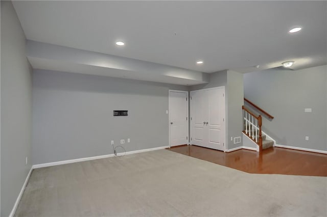 309 Trafalgar Sq, Cranberry Twp, PA 16066 - finished below grade area featuring carpet flooring, baseboards, stairs, recessed lighting, and wood finished floors