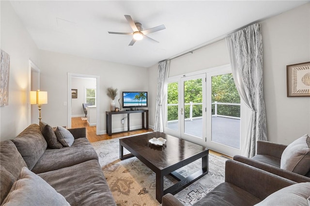 230 Summerlawn Dr, Bell Acres, PA 15143 - living room with ceiling fan, light wood-style flooring, and baseboards