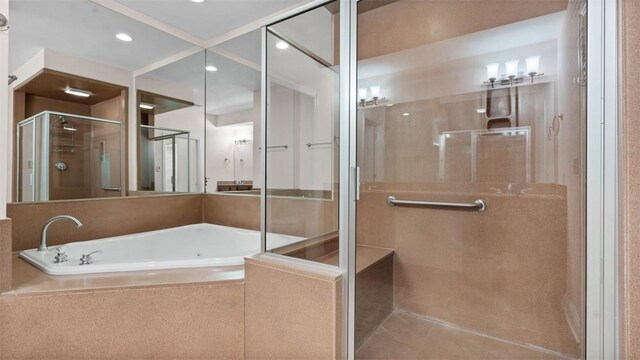 203 Providence Ct, Adams Twp, PA 16059 - bathroom with a shower stall, a bath, and tile patterned floors