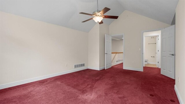203 Providence Ct, Adams Twp, PA 16059 - unfurnished bedroom featuring carpet floors, baseboards, ensuite bath, high vaulted ceiling, and a ceiling fan