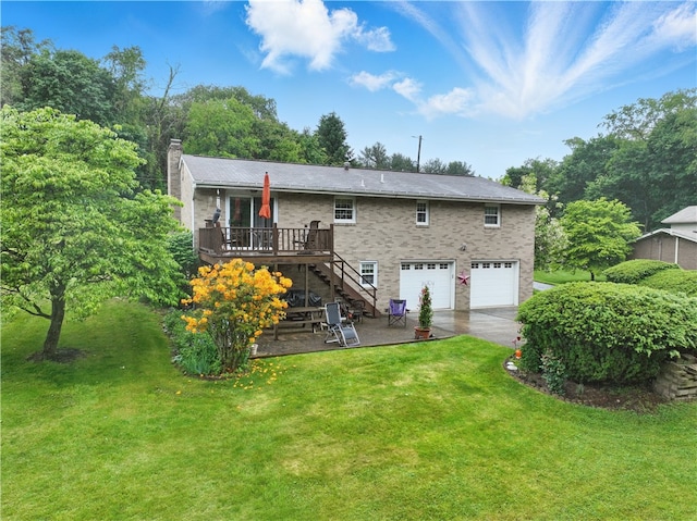 146 Tower Ln, Daugherty Twp, PA 15066 - rear view of property featuring stairway, an attached garage, a wooden deck, a chimney, and concrete driveway